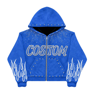 Sudadera con Capucha Azul Personalizada para Hombre, 100% Algodón, con Estampado de Letras en Pedrería, Corte Holgado, Estilo Urbano de Invierno - Product Image 1