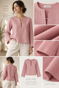 Blusa de Lino Rosa para Mujer, Venta al por Mayor, Manga Larga, Transpirable, Informal, con Botones, Ecológica - Product Image 6