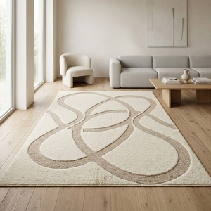 Alfombra de Lana Tufted Abstracta Hecha a Mano, Tamaño Personalizado, Color Beige Marfil con Patrón de Líneas, Alfombra de Lujo para Sala de Estar - Product Image 6