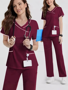 Conjunto de uniforme médico para mujer, cuello en V, color negro, con ribete rosa, tejido de algodón y poliéster, incluye pantalones. - Product Image 2