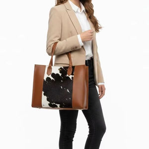 Bolso Tote de Cuero con Pelo de Vaca Vintage para Mujer, Bolso de Compras de Diseñador, Bolso de Mano, Verano Otoño, Bordado, Cierre Abierto LHTB-0060 - Product Image 1