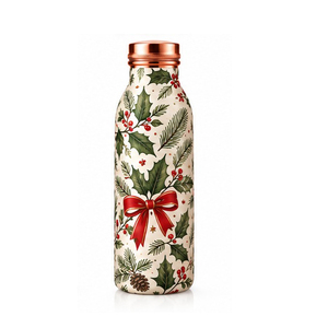 Metal Water <b>Bottle</b> with Christmas Holly Pattern Red Bow Design Portable Travel Drinkware <b>Vintage</b> Style Lids Included - Product Image 1