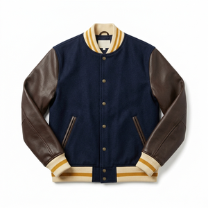Veste universitaire bleu marine pour homme avec manches en cuir marron, col rabattu, fermeture boutonnée, vêtement d'extérieur décontracté d'automne, coupe classique - Product Image 1