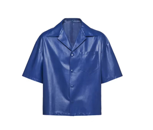 Chemise en cuir souple bleu à col personnalisé, manches courtes, faux boutons et poche poitrine pour homme - Product Image 4