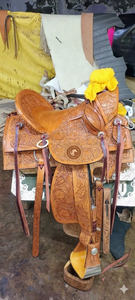 Silla de montar para caballo de cuero Western Tree Roughout con grabado artesanal, incrustaciones negras, correas de latigo pintadas a mano, asiento rígido y juego de arreos - Product Image 4