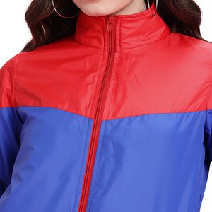Women Color Blocked <b>Racer</b> <b>Jacket</b> Full Sleeve Stand Collar Windproof Polyester Spring Coat Regular Length Blue Red Contrast - Product Image 6