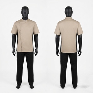 Premium 200 GSM Polyester Cotton Twill Unisex <b>Chef</b> <b>Jackets</b> Silk Screen Printed Navy Short Sleeve <b>White</b> Edge Piping Custom Logo - Product Image 6