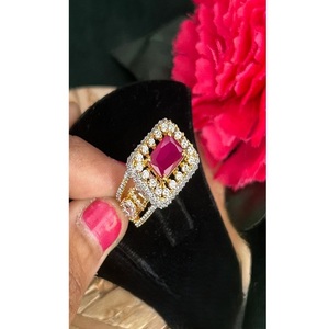 Trendy Emerald Cut Ruby <b>Cocktail</b> <b>Ring</b> Women's 18K <b>Gold</b> Plated Pave Setting Glam Party Wedding Jewelry - Product Image 1