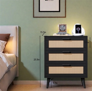 <b>Black</b> Wood and rattan Bedside Table with Three Drawers <b>Black</b> Rattan Nightstand for Modern Boho Bedroom <b>Storage</b> - Product Image 2