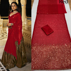 Bollywood Séquence Saree Travail Couleur Chaude Saree pour Femmes Dames Indien Shopping En Ligne Tenue - Product Image 4
