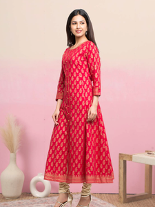 Kurta Anarkali Roja de Algodón para Mujer con Estampado Dorado, Cuello Redondo y Mangas Tres Cuartos, Diseño Étnico Global, Ropa Casual y Festiva - Product Image 4