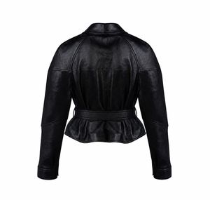 Veste en cuir d'agneau noir courte – Manteau ceinturé pour femme style streetwear - Product Image 4