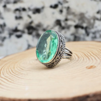 Bague en laiton plaqué argent avec péridot, grande pierre verte ovale, style vintage, bijou de déclaration