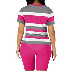 Conjunto de 2 Piezas para Mujer, Color Rosa y Gris a Rayas, con Estampado, Cuello Redondo, Manga Corta, Informal, Primavera-Verano, Transpirable, Tejido de Poliéster - Product Image 6
