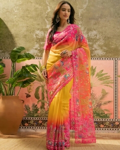 Sari en organza brodé pour femme KV, style Bollywood, avec chemisier non cousu (jaune) - Product Image 5