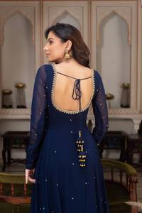 Blue Pakistani Indian Ethnic Anarkali Kurti Dupatta Beaded Floral Embroidery Faux Georgette Long Sleeves for Women Wedding Party - Product Image 2