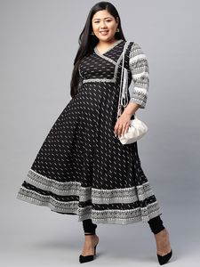 Kurta Anarkali en coton slub noir à col en V, motif géométrique, manches trois quarts, grande taille, pour femme, usage quotidien - Product Image 5
