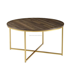 <b>Walker</b> Edison Cora 36-Inch Modern round Faux Marble Top Coffee Table with Walnut and Gold X-Base Hand Painted for Living Room - Product Image 1