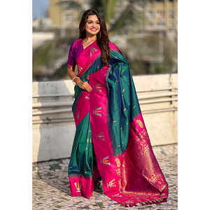 Green South Traditional Soft Silk Zari Woven Saree with Tilak Contrast <b>Scarves</b> & <b>Shawls</b> Product - Product Image 1