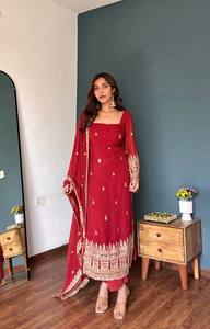 <b>Red</b> Embroidered Chiffon Dupatta Traditional Indian Pakistani Women Wedding Engagement <b>Scarf</b> Floor-Length Ethnic Wear - Product Image 2