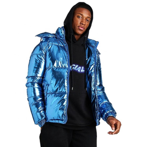 Chaqueta Acolchada con Capucha Azul Metálico para Hombre, Chaqueta de Invierno Gruesa Resistente al Viento, Estilo Casual, Corte Regular, Cierre de Cremallera - Product Image 1