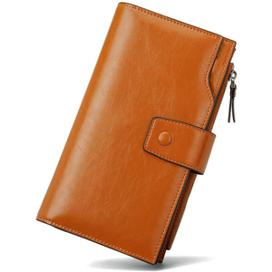 Genuine Leather Long <b>Wallet</b> Unisex Multifunctional Zipper Hasp Closure Minimalist Design <b>Brown</b> Color Daily Use - Product Image 1
