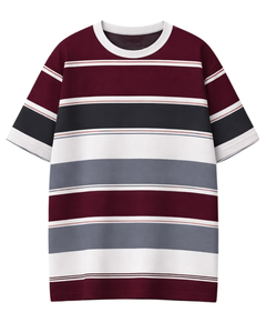 Camiseta Personalizada a Rayas Borgoña para Hombre, Cuello Redondo, Manga Corta, Informal, Verano, Estilo Urbano, Fabricante y Proveedor OEM - Product Image 1