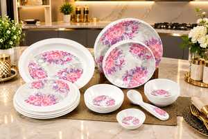 Service de vaisselle en céramique florale, assiettes rondes, bols, plat de service, passe au lave-vaisselle, motif floral peint à la main - Product Image 2
