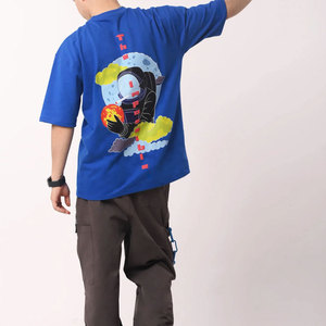 เสื้อยืดคอกลมแขนสั้นสีน้ำเงินลายทางสำหรับผู้ชาย ทรงโอเวอร์ไซส์ สไตล์ลำลอง ผ้าฝ้ายถัก 100% ระบายอากาศได้ดี แห้งเร็ว น้ำหนัก 260 กรัม - Product Image 2