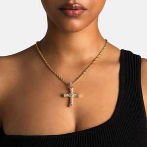 Gold Plated Cross Pendant Necklace with Moissanite Round Brilliant Cut Bezel Setting <b>Rope</b> <b>Chain</b> Unisex Religious Everyday Wear - Product Image 2