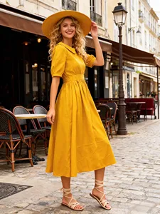 Robe midi en coton style bohème chic jaune moutarde avec manches courtes bouffantes et col classique, idéale pour l'été - Product Image 2
