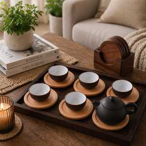 Hand Crafted Acacia Wood Coasters Set, Japanese Style <b>Round</b> Drink <b>Mats</b>, Minimalist <b>Table</b> Decor - Product Image 4