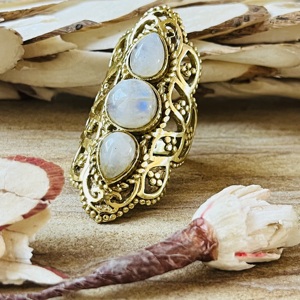 Hot Selling Trendy Vintage Filigree Moonstone Bezel Setting Three Stone <b>Ring</b> Boho Brass Women 18K Gold Plated <b>Chunky</b> Statement - Product Image 5
