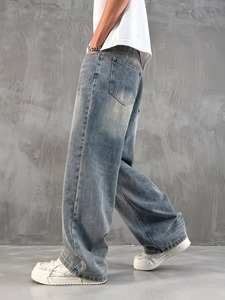 Jeans holgados de corte relajado con tono vintage para hombre |   Pantalones Vaqueros Anchos de Mezclilla Azul Retro |   Pantalones Casuales de Pierna Recta Estilo Skater - Product Image 4