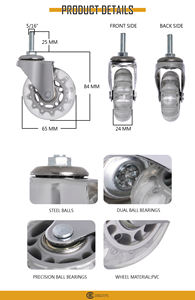 Roue pivotante silencieuse en PVC transparent de 2,5 pouces avec tige filetée de 5/16 pouces et roulements à billes pour chariot, étagère, armoire - Product Image 2