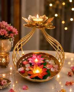 Golden Lotus Metal Urli Bowl <b>Tea</b> <b>Light</b> <b>Holder</b> with Lid Handmade Christmas Decorative Floating Flower Candle Stand Home Festive - Product Image 1