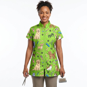 Blouse de toilettage pour femme en coton polyester sublimé, à manches courtes, avec fermeture éclair et col montant, durable et antistatique - Product Image 1