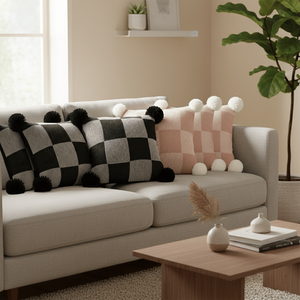 SOGA 6-Piece Cozy Checkerboard Knit Pillowcase Set Modern Black Gray Gingham Pom Poms Comfortable Seat <b>Cushions</b> Pillow <b>Covers</b> - Product Image 4