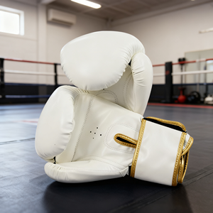<b>White</b> Leather Breathable <b>Boxing</b> <b>Gloves</b> with Gold Trim Hook and Loop Closure for Unisex Adults Gym Training Sparring Gear - Product Image 2