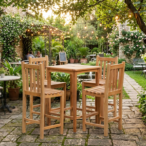 Laguna Teak Commercial Use <b>Bar</b> Set Square <b>Table</b> 4 Slat Back Chairs Outdoor <b>Bar</b> Furniture Scandinavian Modern Design Handmade - Product Image 6