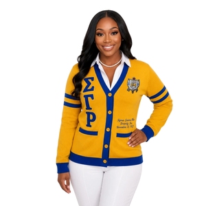 เสื้อคาร์ดิแกน SGRHO สีน้ำเงินสำหรับผู้หญิง ลายตัวอักษรกรีก ติดกระดุม ผ้าถัก สไตล์ลำลอง แฟชั่นมหาวิทยาลัย เสื้อคลุมคาร์ดิแกนแบบสั่งทำ - Product Image 1