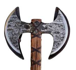 Hacha vikinga de doble cabeza de acero al carbono hecha a mano, personalizada, a bajo precio al por mayor, con mango de madera de fresno y funda de cuero. - Product Image 1