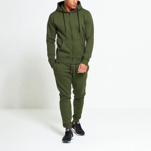Men's Olive Green Hooded <b>Tracksuit</b> Set Full Length Drawstring Pants Solid Color Casual Autumn Wear Breathable Cotton Material - Product Image 3