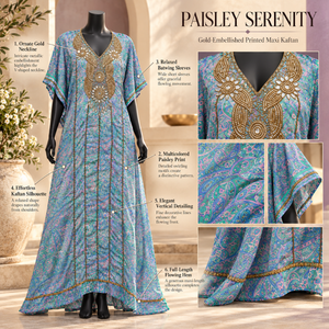 Printed Paisley <b>Kaftan</b> Dress with Gold Embellished V Neck and Batwing Sleeves | Flowing Full Length Modest Resort Wear <b>for</b> <b>Women</b> - Product Image 5