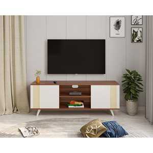 Meuble TV Harmond Walnut & Frosty pour salon avec étagères de rangement ouvertes et fermées - Product Image 6