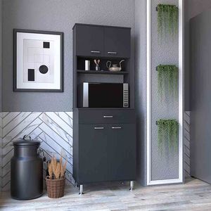 Armoire de cuisine de 67 pouces de hauteur, quatre portes, un tiroir, trois étagères internes, deux étagères de rangement externes, rangement pour micro-ondes - Product Image 1