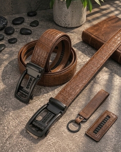 Ceinture automatique en cuir marron à imprimé crocodile pour homme avec boucle rectangulaire en plastique, style décontracté, design durable - Product Image 1