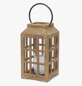Ensemble de lanternes à bougies en bois, support de pilier vintage à structure ouverte avec poignée en métal, lampe hurricane rustique pour la décoration intérieure - Product Image 1
