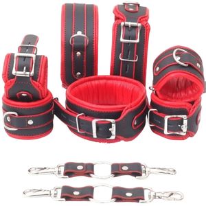 <b>Black</b> Sheep Red & <b>Black</b> Leather Bondage Set with <b>Harness</b> Wrist/Ankle Cuffs & Spreader Bars-100% Waterproof for Couples BDSM Play - Product Image 1