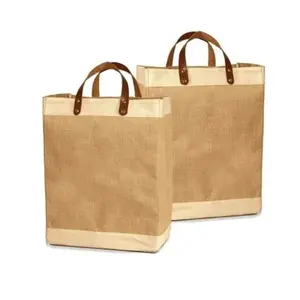 Jute taschen Großhandel Modische Öko-Luxus Pure Jute Tasche Mit Leder griffen Für Anspruchs vollen Stil Zum Verkauf